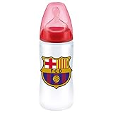 Biberón grande 300 ml con cuello ancho para facilitar el llenado y la limpieza. Incluye anillo de rosca, disco de cierre y tapa protectora. Biberón fcb 6-18 L silicona 300 ml