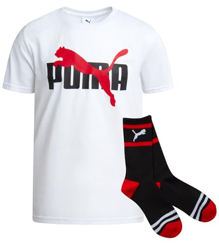 PUMA Boys T-Shirt - 2 Piece Casual Crewneck Short Sleeve Athletic Graphic Tee Shirts for Boys with Matching Socks (S-XL)