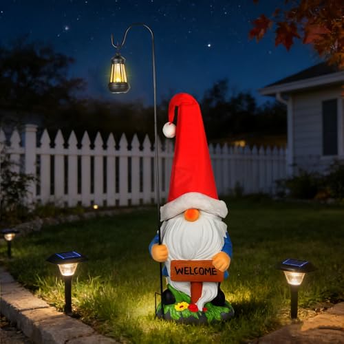 Enrichoice 39 Tall Large Garden Gnomes Outdoor with Solar Lantern Weatherproof PVC Gnomes Decorations for Yard Statue with Ground Stake for Lawn Pathway Patio & Porch Decor (Excluding Battery)
