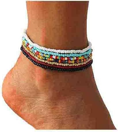VFlowee Boho Handmade Beaded African Anklets Multicolor Women Stretch Seed Beads Rainbow Ankle Bracelets Glass Bead Bracelet Elastic Foot and Hand Chain Jewelry