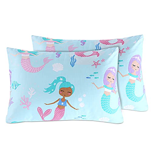 Mermaid Kids Duvet Cover, 100% Cotton 2 Pc Duvet Cover For Kids With Button Closure, Cute Cartoon Printed Bedding Set For Boys & Girls (Twin Size) #TOP4