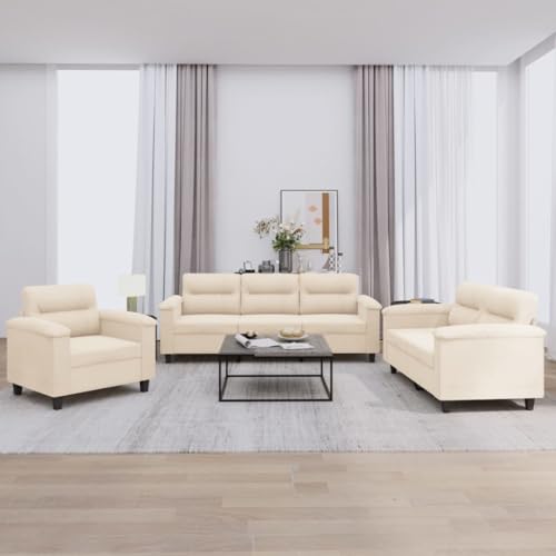 vidaXL Sofagarnitur 3-TLG., Sessel Couch mit Kissen, Sofa Wohnzimmersofa mit Armlehnen, Couchgarnitur Designsofa Sitzmöbel Polstermöbel, Beige Mikrofasergewebe – Bild 3