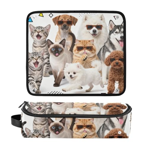 Estuche de viaje 2-en-1 para rizador con tapete resistente al calor impermeable, bolsa para planchas planas y rizadores, organizador portátil para herramientas de cabello, diseño con perros y gatos miniatura 3