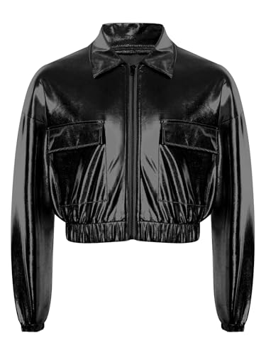 easyforever Kids Girls Boys Shiny Metallic Jacket Long Sleeve Hip Hop Jazz Dance Coat Outwear with Flap Pockets3