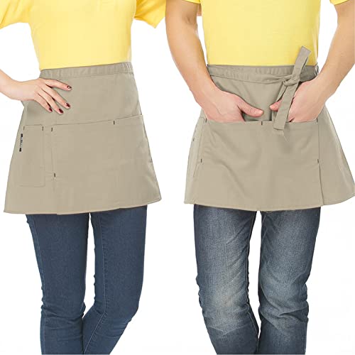 Colexy Waist Apron Front Ties 2 Pcs Waiter Apron Waist Apron with 3 Pockets Baking Apron Waist Aprons Cooking Apron for Bistro Restaurant Hotel Cafe Chef Waiter Cleaning Painting Gardening (Beige) - Image 2