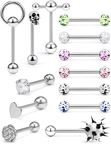 Hoeudjo 13Pcs 14G Surgical Steel Tongue Rings Teaser Double Barbell with Slave Ring Body Piercing Jewelry for Women Men 16mm Silver-Tone Heart Diamond Flower