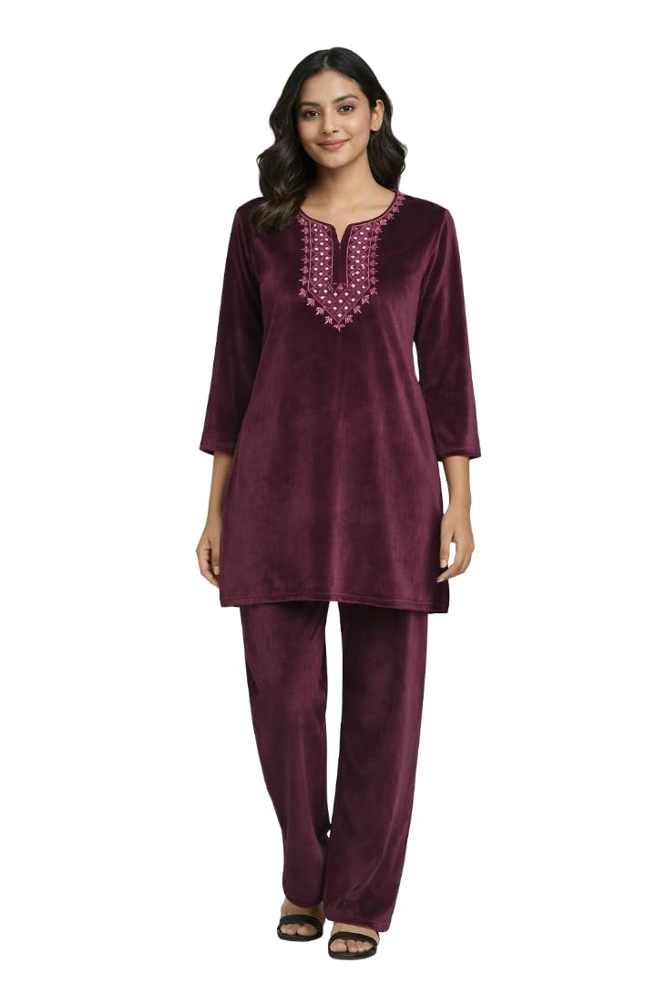 Women Woolen|Winter Velvet Kurti & Pajama Set|Kashmiri Design Kurti Set-image-14