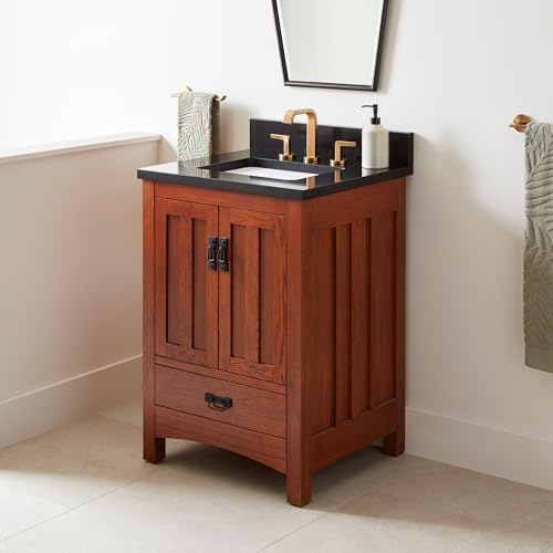 Signature Hardware 953826-24-RUMB Maybeck 24" Freestanding Oak Single Basin Vanity Set with Cabinet, Vanity Top, and Rectangular Undermount Sink - 8" Faucet Holes - Tinted Oak/Carbon Black