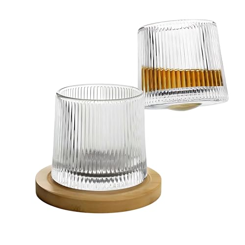 moorg Set Bicchieri da Whisky in Vetro Rotante, Bicchieri Wisky con Fondo Sferico e Base in Legno per Degustazione, 4 Pz Bicchiere Vetro Particolari per Rum, Gin, Amaro e Distillati