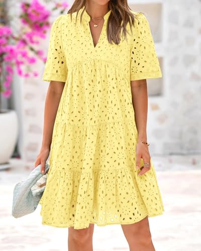 Image of BTFBM Womens Boho Summer Dresses 2026 Spring V Neck Short Sleeve Hollow Out Lace Ruffle Casual Beach Mini Vacation Dress