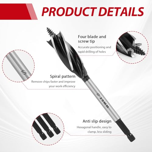 Miniatura 3 de 2pcs Brocas Profesionales Para Madera 20mm X 165mm, Broca Autoalimentada Con Vástago Hexagonal De 1 4 Pulgada, Broca Espiral De Acero Al Carbono Para Perforaciones Precisas Y Rápidas En Madera