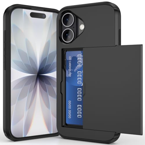 ACOCOBUY for iPhone 17 Case with Card Holder Sliding Cover Hidden Pocket IDs Credit Cards Slot Heavy Duty Shockproof Protective Dual Layer Wallet Phone Cover Back Shell for Men Women 6.3 inch Black
