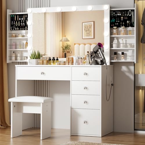 VOWNER White Makeup Vanity Desk with Lighted Mirror & Power Outlet, 3 Color Modes, Vanity Table with Drawer,Sliding Shelves for Bedroom