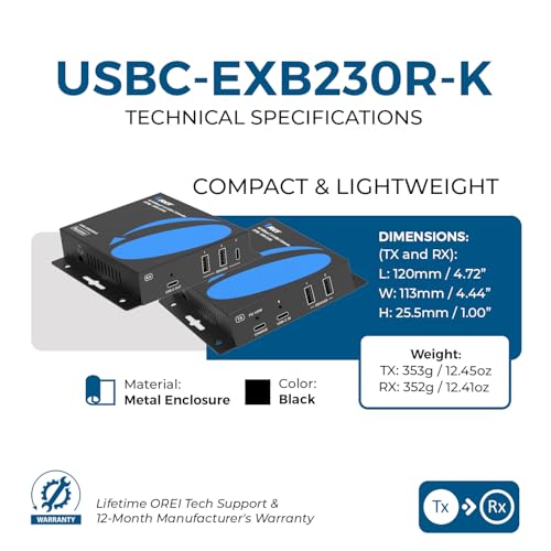 Image of OREI 4K HDBaseT 3.0 USB-C KVM Extender - 230ft Over Cat6a /7, 18Gbps, HDR, USB 2.0, RS-232, PoC