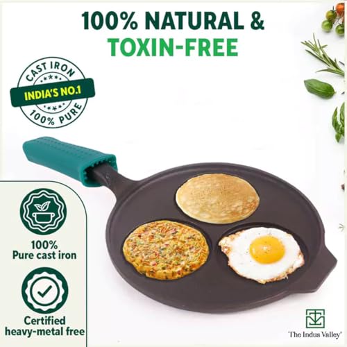 Image of The Indus Valley Pre-Seasoned Cast Iron Uttapam Tawa with Silicone Grip | 3 Pit, 23cm /9 inch, 1.6kg | Induction Friendly | Naturally Nonstick, 100% Pure & Toxin-Free, No Chemical Coating
