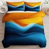 XCQHZYQ Funda Nórdica Cama 90 Infantil Azul Naranja, Juego de Cama de Impresión de Líneas Abstractas Onduladas Microfibra Suave Transpirable, Funda Edredón 150x200 cm para Niños Niñas Adolescente