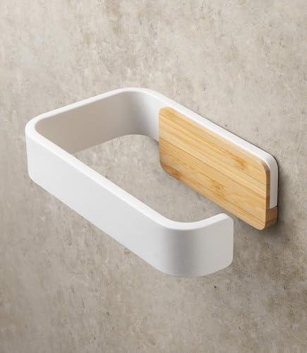 KAZAI. Porte Papier Toilette sans perçage | Métal avec Bambou véritable | Support Papier Toilette Mural | Dérouleur WC adhésif | Porte-Rouleau pour Salle...