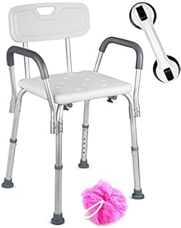 Dr. Maya Adjustable Shower Chair with Back and Arms - Free Suction Assist Grab Bar - Anti-Slip Bench - Bathtub Seat for Bathroom Safety