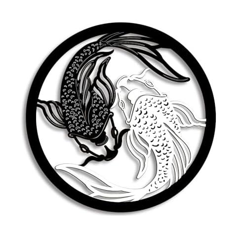 Creoate Home Decor Wall Art Wooden Koi Fish Wall Art Black and White Yin Yang Themed Zen Wall Mount Plaque Decor for Yoga Room Bathroom Living Room Farmhouse, 12x12 Inch Cover