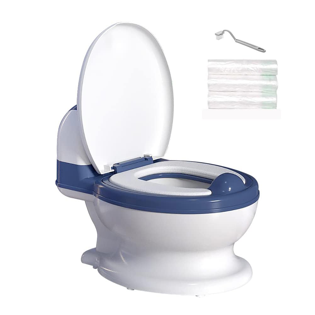 Potty Training Toilet, Realistic Potty Training Seat with Storage Bags, Toddler Potty Chair with Soft Seat, Toilet Tissue Dispenser and Splash Guard, Non-Slip for Toddler (White+Blue)