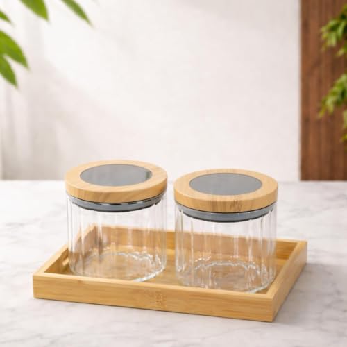 Image of Borosilicate Transparent Striped Glass Storage Jar Set with Bamboo Tray, Set of 2 (500ml) Airtight Round Glass Containers with Bamboo Lids & Silicone Seal, Dry Fruit Storage Jars for Spice