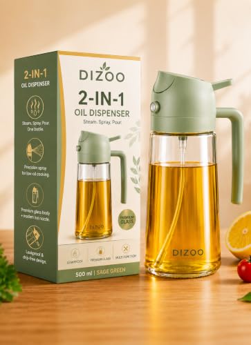 Image of DIZOO 2 in 1 Oil Sprayer Dispenser for Cooking, 500ml Leakproof Glass Oil Bottle, Anti-Drip Spray & Pour for Air Fryer, BBQ, Salad (Green)