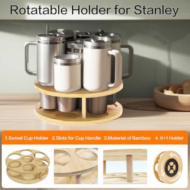 Bamboo Stanley Cup Holder with Water Bottle Organizer for Stanley Tumbler - Cup Holder Stand for Water Bottle and Stanley Cup Accessories, Compatible with 14 to 40oz Cups as Stanley