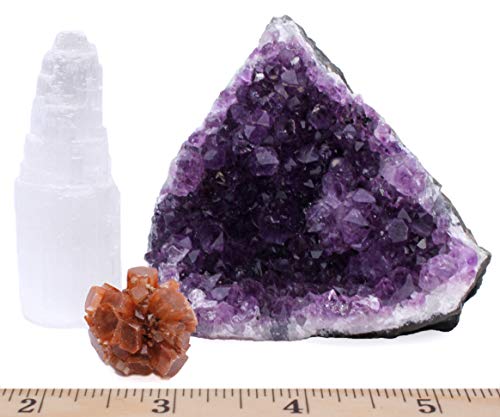 Dancing Bear Amethyst Cluster Cut Base (1/2lb to 1lb), Aragonite Cluster, & Selenite Tower, Healing Crystal (3 Pc Set) Premium Grade A, Bohemian Home DÃ©cor, Natural Good Vibes, Metaphysical Info Cards