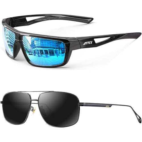 ATTCL Bundle Men's Vintage Driving Polarized Sunglasses Rectangular Metal Frame:(2021-Black+Blue)+(2022-Black+grey)