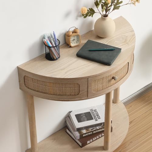 Wnutrees Rattan Half Moon Console Table, Modern Entryway Table with Drawer, Boho Sofa Table with Bottom Storage Shelf, Small Semicircular Tables for Hallway, Living Room, Natural