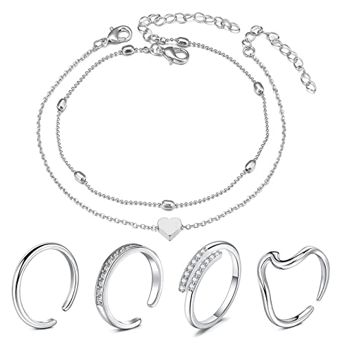 MODRSA Silver Toe Rings for Women 4pcs Adjustable Open Circle Toe Rings and Anklets