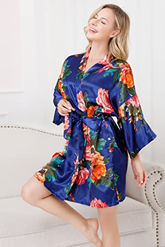 Alhavone Women's Rose Flowers Silky Satin Short Kimono Robe For Wedding Getting Ready (Flower-Navy, Tag 2Xl3Xl) #TOP2