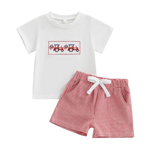Image of Kayotuas Fourth Of July Toddler Boy Outfit Baby American Flag Clothes Patriotic Shirt Striped Gingham Shorts 2Pcs Summer Sets