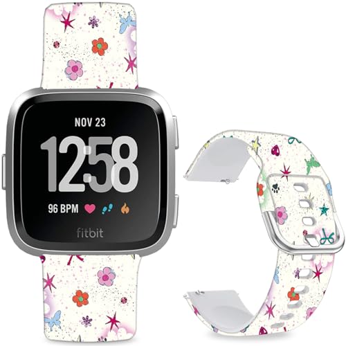 Leotop Patrón de dibujos animados impreso suave silicona deporte reemplazo 23mm reloj pulseras compatibles con Fitbit Versa 2/Versa/Fitbit Versa Lite/SE para mujeres hombres (Lucky Grass and Butterfly