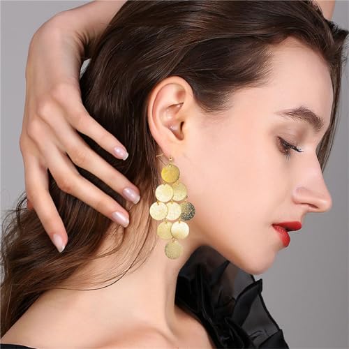 MALOYANVE Multilayer Disc Earrings for Women Fashion Long Gold Silver Plated Brushed Textured Pattern Multiple Round Circle Dangle Drop Geometric Statement Tassel Earrings Boho Jewelry3