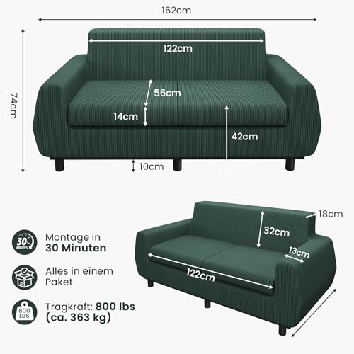 Hamlody Sofa 160cm, 2-Sitzer Sitzbank mit Samt Bezug, Kompakt für kleine Räume | Bequem & Einfach Montiert | 42cm hochelastischer Schaumstoff, Grün