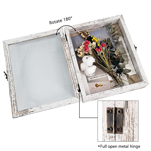 Image of GraduationMall 8x10 Wood Shadow Box Frame Glass Door Display Case with Linen Back and 6 Stick Pins,1.5 inches Interior Depth,Ideal for Memorabilia Pictures Flowers Medals Tickets Rustic White