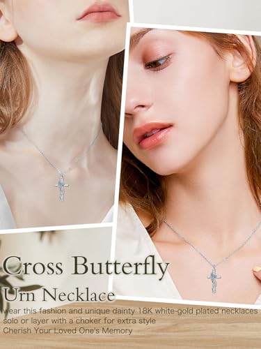 Butterfly Cross Urn Necklaces for Ashes Women White Gold Plated S925 Sterling Silver Funnel Filler Memorial Cremation Jewelry with Birthstone Sympathy Gifts for Women Loss of Loved One2