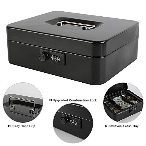 Xydled Steel Cash Box Safe With Combination Lock,Money Safe Box With Removable Coin Tray,Large,9.84"X 7.87"X 3.54",Black #TOP4