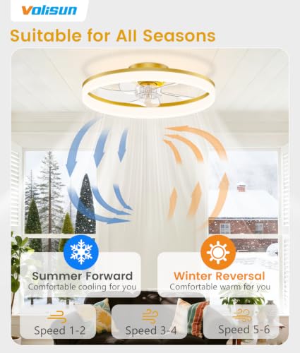 Image of VOLISUN Low Profile Ceiling Fans with Lights and Remote, 20in Fandelier Ceiling Fan Flush Mount, 3000K-6500K Smart Bladeless LED Fan Light, Gold Modern Ceiling Fans with Lights for Bedroom