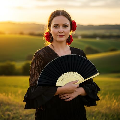 Image of Fabric Handheld Folding Hand Fan With a Tassel Grade A Bamboo Ribs for Women Girls Summer Party Event Favor Birthday Wedding Souvenir Gift (Black)