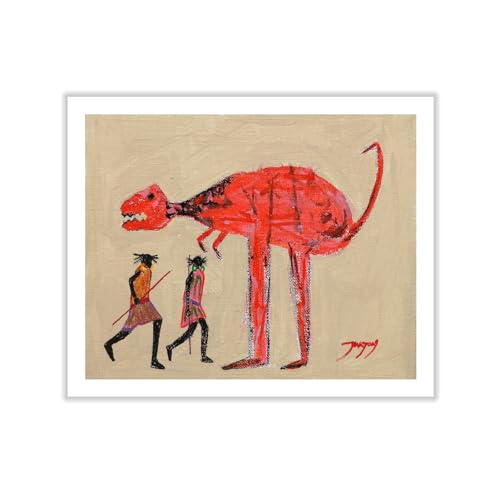 Monem Art Primitive Red Animal Folk Painting Print - Naive