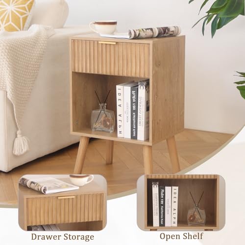 Image of Fultyle Wood Nightstand with Charging Station, Bedside Table with Fluted Drawers and Outlet, Boho Night Stand for Bedroom, Living Room, Office (Rustic Walnut)
