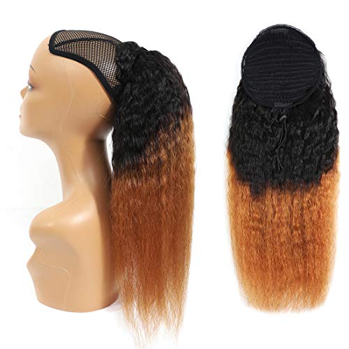 Ombre 1B/30 Clip in Kinky Straight Human Hair Ponytail 1B Brown Wrap Drawstring Yaki Brazilian Hair Clip on Pony Tail Blonde Hair Piece (20")
