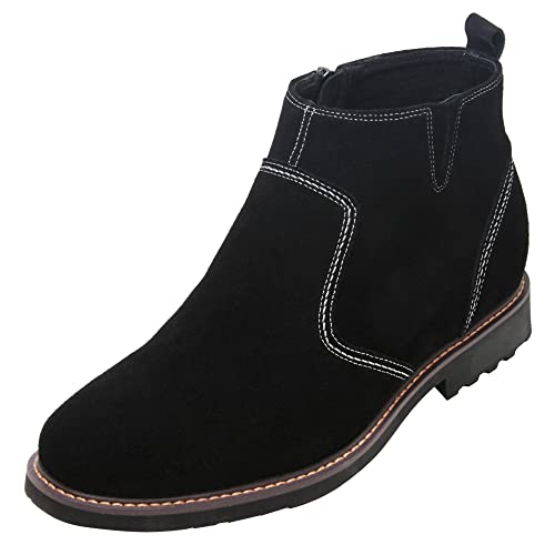 CALTO Men's Invisible Height Increasing Elevator Shoes - Black Nubuck Leather Mid-top Casual Zipper Boots - 3.2 Inches Taller - Y41082 - Size 9 D(M) US