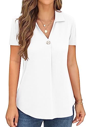 QIXING Womens Summer Tops Short Sleeve Blouses Casual V Neck Johnny Collar Shirt Button Downs Ladies Tunics for Women UK (C05 White, XL)