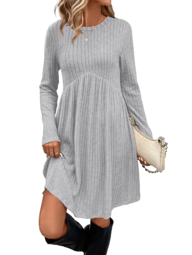 Image of OFEEFAN Long Sleeve Dress for Women Crew Neck Empire Waist Tunic Dress with Pockets