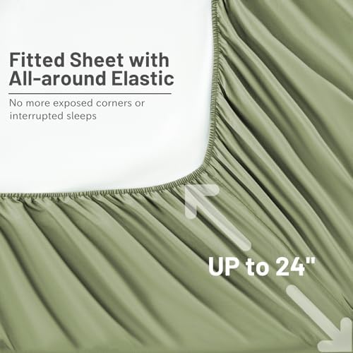 MEISHANG Extra Deep Pocket Queen Sheets - 1000 Thread Count Sheet Set - Fits 18"-24" in Deep Mattress,100% Egyptian Cotton,Sateen Weave, Soft & Breathable - 4 Piece (Queen, Olive Green)