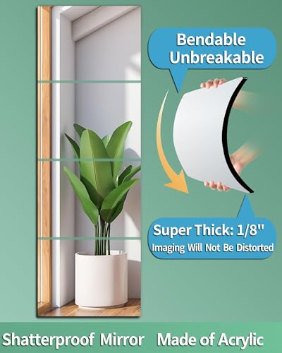 Image of Shatterproof Wall Mirror Full Length for Bedroom, Acrylic Gym Mirrors for Home, Extra Thick : 0.12 Inch, 4 PCS x 16 x 12 Inches, Workout Mirrors Safe for Kids, Over The Door, Long Wall Mounted Mirror