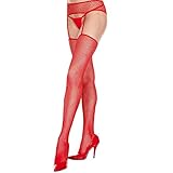 MUSIC LEGS Women's Fishnet Garterbelt Stockings, Red, One Size